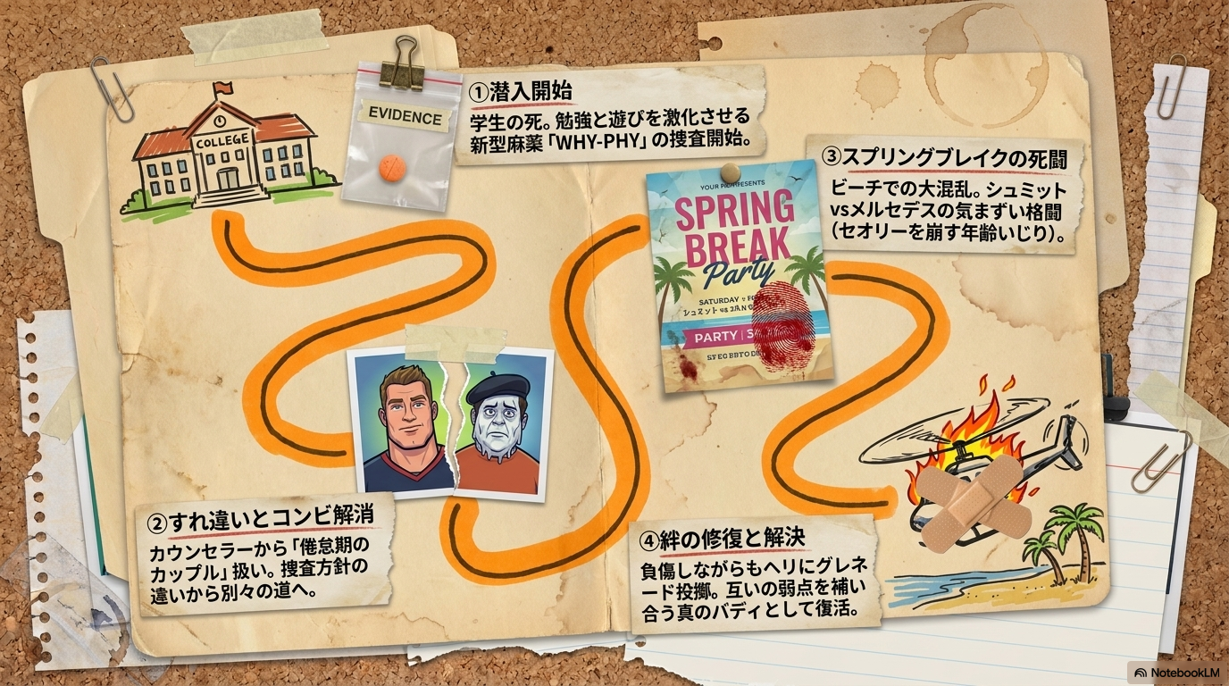 潜入開始、すれ違いとコンビ解消、スプリングブレイクの死闘、絆の修復と解決までの4つのプロセスをまとめた図。