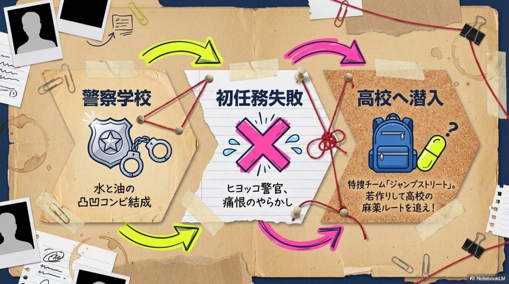 警察学校で出会った水と油のコンビが、初任務の失敗を経て、高校の麻薬ルートを追う特捜チーム「ジャンプストリート」に配属されるまでのあらすじを図解。