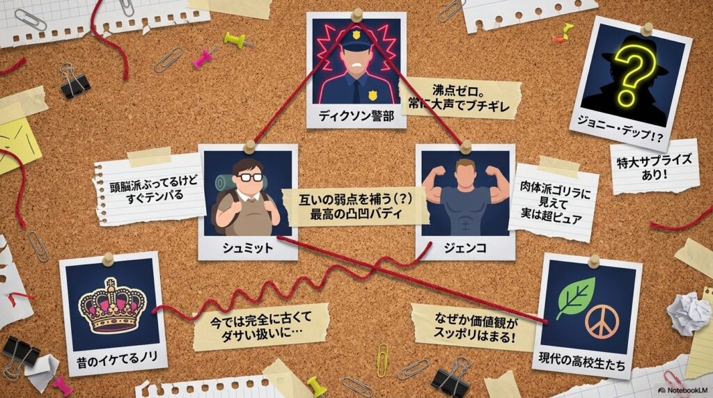 常にブチギレるディクソン警部、頭脳派ぶるシュミット、超ピュアな肉体派ジェンコなど、魅力的なキャラクターたちと特大サプライズの存在を示す相関図。