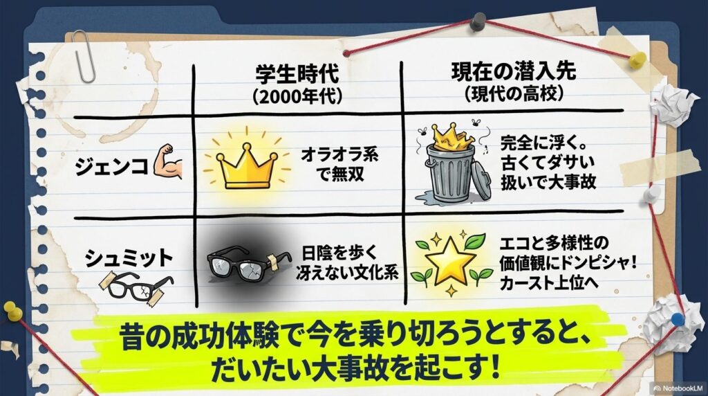 2000年代の学生時代にはオラオラ系だったジェンコが現代の高校では浮いてしまい、冴えない文化系だったシュミットが現代の価値観にハマるという、スクールカーストの逆転現象を解説した図。