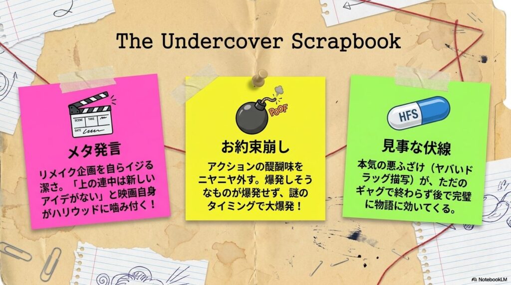 リメイク企画を自らイジるメタ発言、アクションのお約束崩し、見事な伏線となるヤバいドラッグ描写など、本作の尖った見どころをまとめたスクラップブック風の画像。