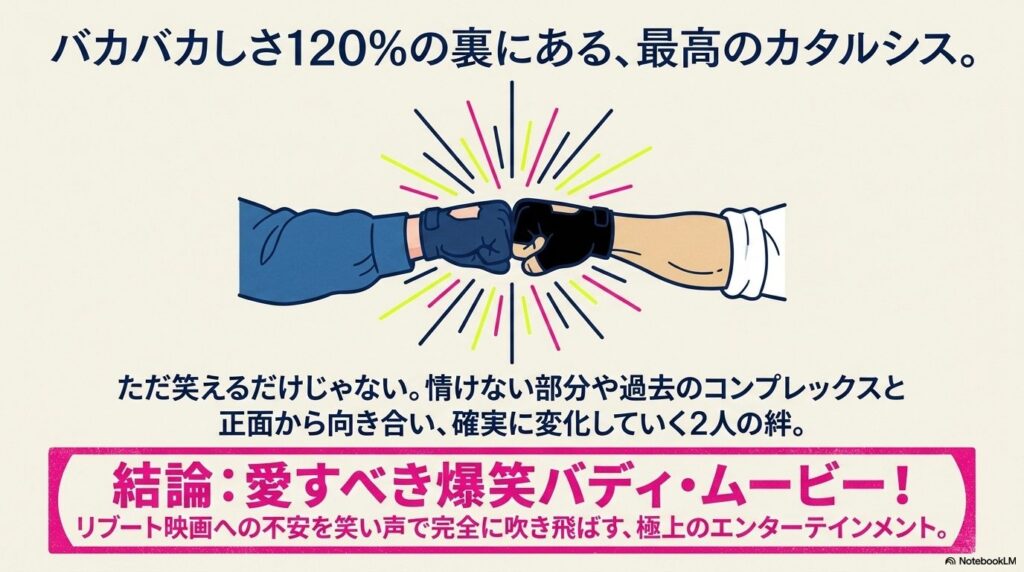 バカバカしさの裏でコンプレックスと向き合い変化していく2人の絆を描いた、愛すべき爆笑バディ・ムービーであるという本作の結論をまとめた図。