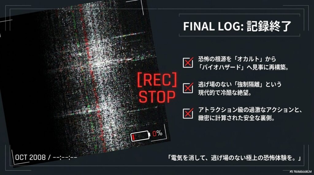 ビデオカメラの録画停止画面を模した「FINAL LOG: 記録終了」スライド。恐怖の根源の再構築、強制隔離の冷酷な絶望、アクションと安全な裏側という本作のポイントを3つのチェックボックスで総括し、「電気を消して、逃げ場のない極上の恐怖体験を」と結んでいるスライド。