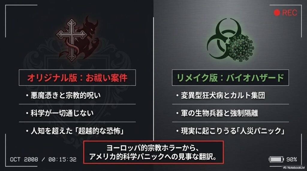 オリジナル版の「悪魔憑き・宗教的呪い・超越的な恐怖(お祓い案件)」と、リメイク版の「変異型狂犬病・軍の生物兵器・人災パニック(バイオハザード)」を対比し、「ヨーロッパ的宗教ホラーからアメリカ的科学パニックへの翻訳」と解説するスライド。
