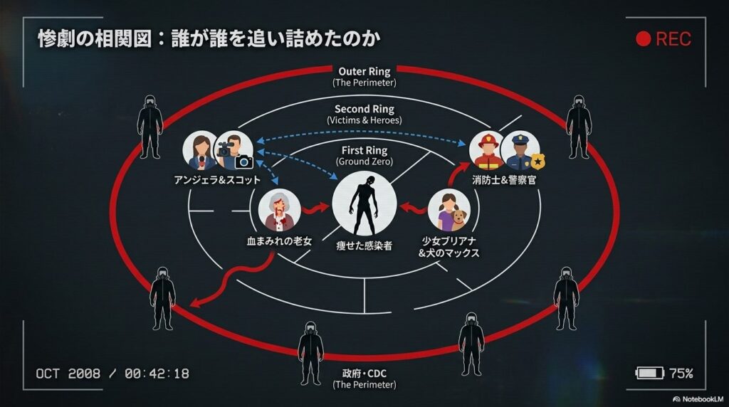 映画の舞台となるアパート内における惨劇の相関図。アンジェラ&スコット、消防士&警察官、血まみれの老女、痩せた感染者、少女ブリアナ&犬のマックス、そして外側を囲む政府・CDCの位置関係を同心円状のグラフィックで示したスライド。