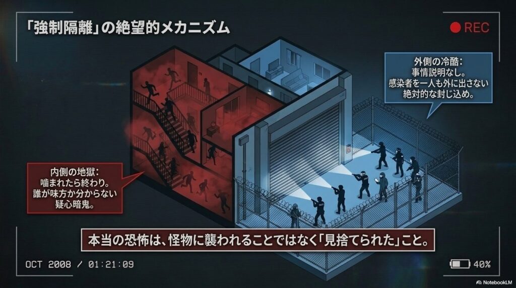 封鎖されたアパートの断面図イラスト。外側で銃やライトを構える防護服の人間(政府・CDCによる絶対的な封じ込め)と、内側の赤い暗闇の階段で逃げ惑う人間(噛まれたら終わりの地獄)を描き、「本当の恐怖は見捨てられたこと」と言及しているスライド。