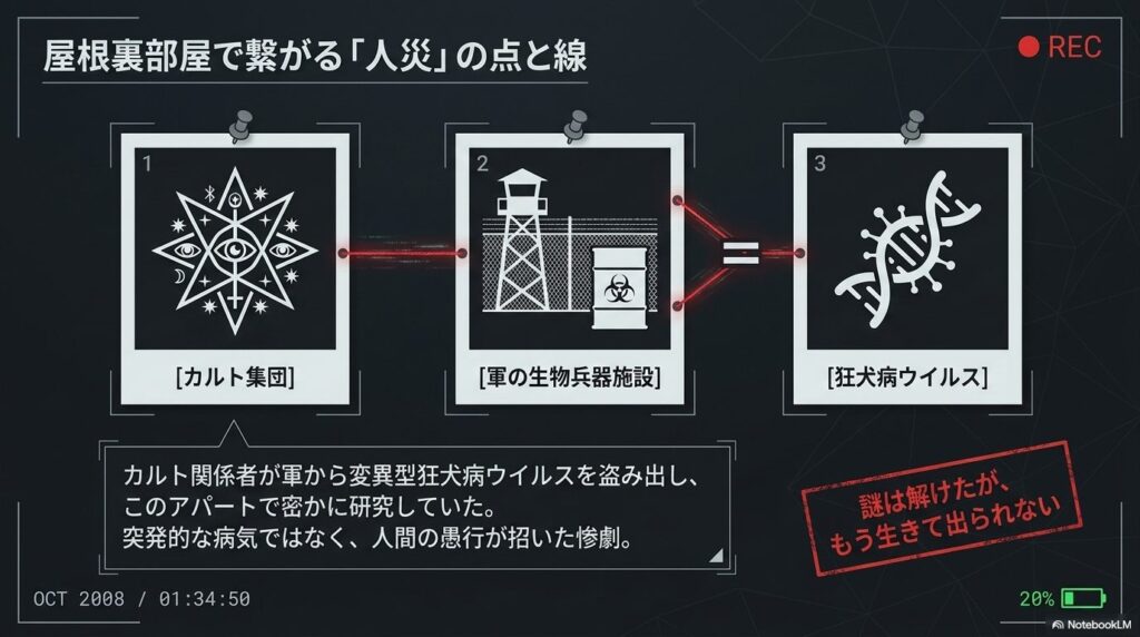コルクボードにピン留めされた写真のレイアウト。「1 カルト集団」と「2 軍の生物兵器施設」が結びつくことで「3 狂犬病ウイルス」の惨劇が生まれたという人災のプロセスを解説し、「謎は解けたが、もう生きて出られない」と記されたスライド。