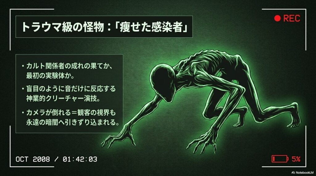ナイトモード(暗視カメラ)の緑色の画面に映し出された、骨と皮だけのように痩せ細った不気味な四足歩行のクリーチャー「痩せた感染者」のイラスト。右下にはバッテリー残量5%のアイコンが表示されている。
