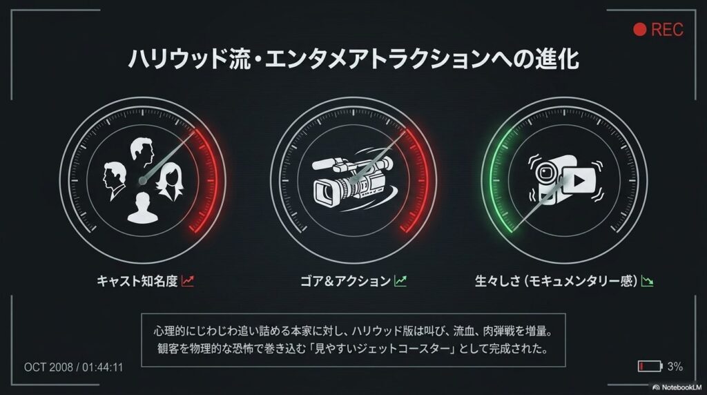 「キャスト知名度」「ゴア&アクション」「生々しさ(モキュメンタリー感)」の3つの要素をメーターの針で表現した図。本家との違いとして、叫び・流血・肉弾戦を増量し、観客を巻き込む「見やすいジェットコースター」に進化したことを示すスライド。