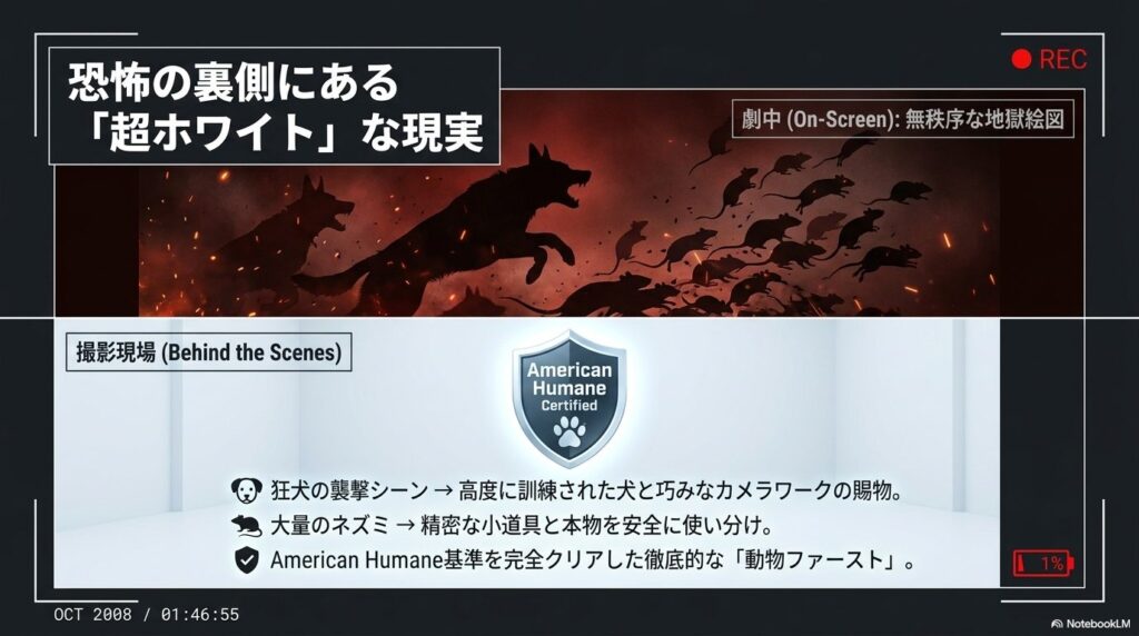 犬の肉球マークがあしらわれた「American Humane Certified(公認)」の盾のロゴマーク。劇中の無秩序な地獄絵図とは裏腹に、実際の撮影現場では徹底した「動物ファースト」の安全対策がクリアされていたことを説明するスライド。
