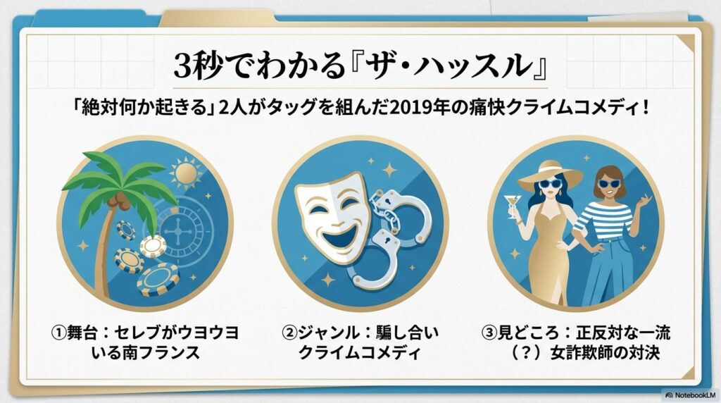 映画『ザ・ハッスル』の舞台、ジャンル、見どころを簡潔にまとめた概要スライド