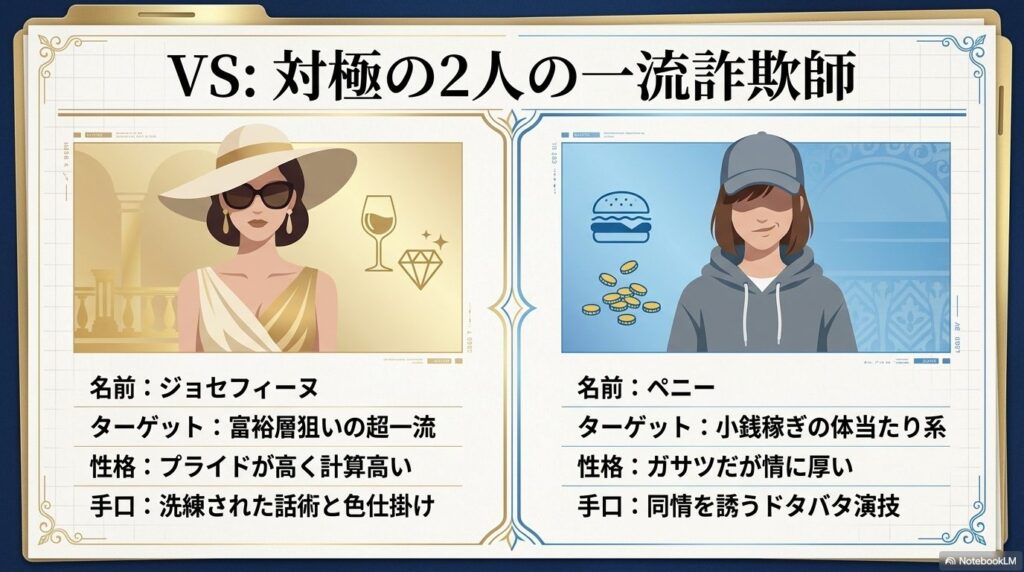 洗練されたジョセフィーヌとガサツなペニーの、ターゲットや性格、手口の違いを比較したスライド