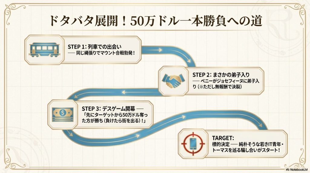 列車での出会いから弟子入り、そしてターゲットを巡る50万ドルのデスゲーム開幕までの流れを図解したスライド