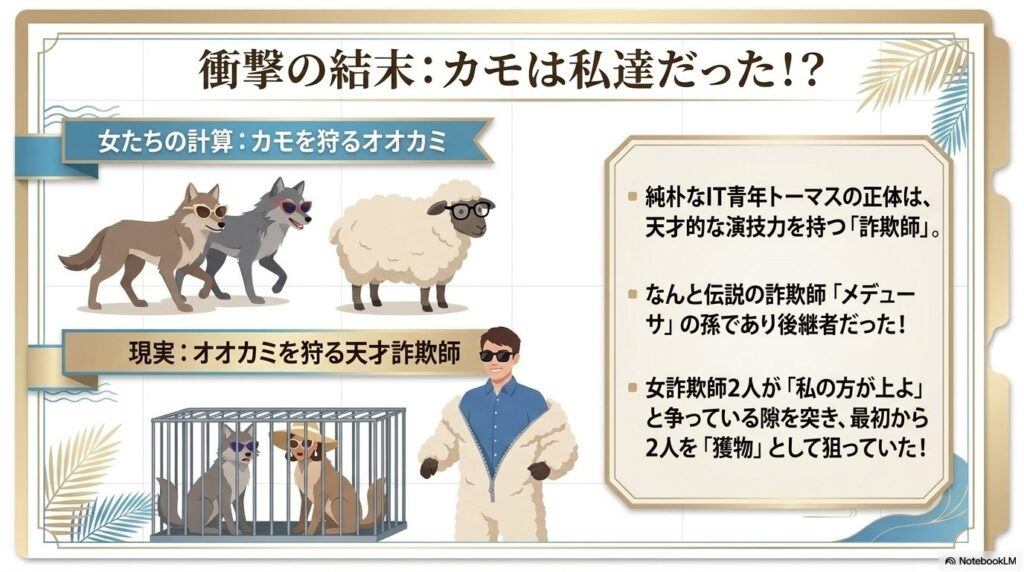 トーマスの正体が伝説の詐欺師メデューサの孫であり、女詐欺師2人を最初から獲物として狙っていたことを解説するスライド