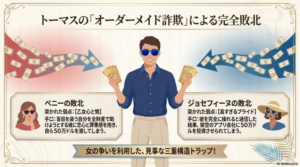 ペニーとジョセフィーヌがそれぞれトーマスに騙された手口と、その後に3人でチームを結成した結末をまとめたスライド