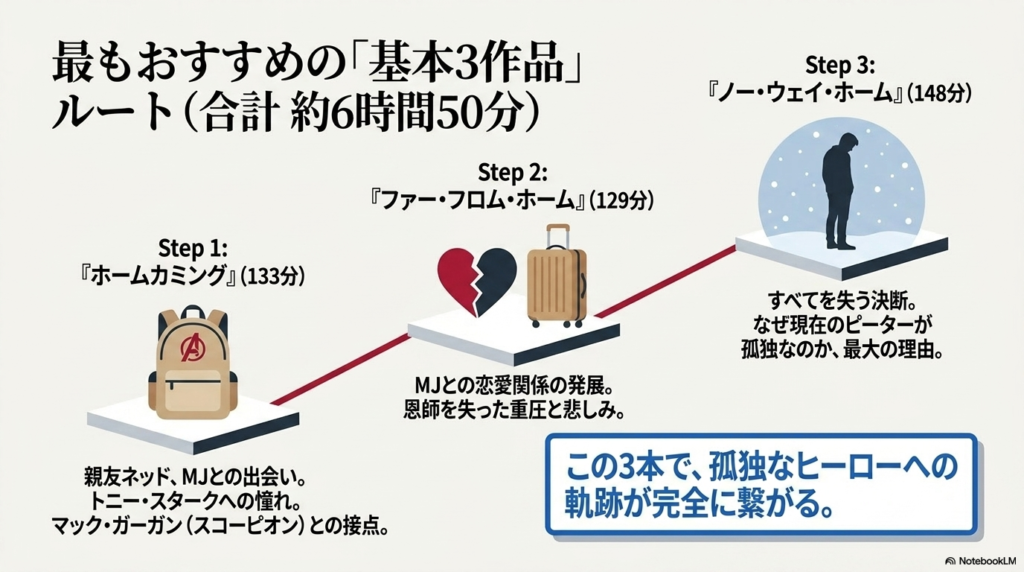 初心者に最適な基本3作品ルートの解説画像。ステップ1『ホームカミング』、ステップ2『ファー・フロム・ホーム』、ステップ3『ノー・ウェイ・ホーム』の流れと、各作品で理解できるポイントがまとめられている。