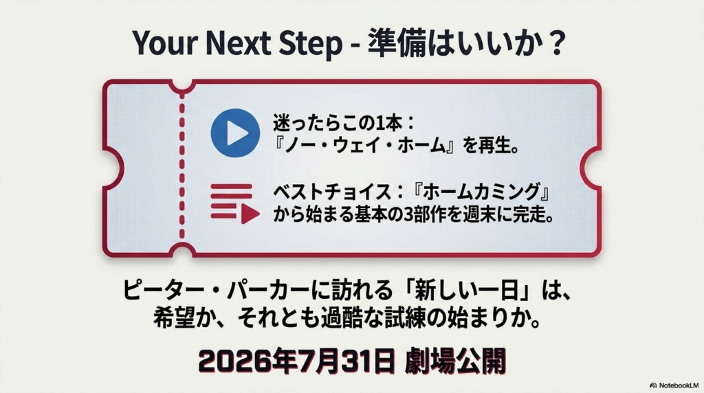 予習の最後のアドバイス。迷ったら『ノー・ウェイ・ホーム』、ベストは基本3部作の完走というメッセージと、「2026年7月31日 劇場公開」のテキスト