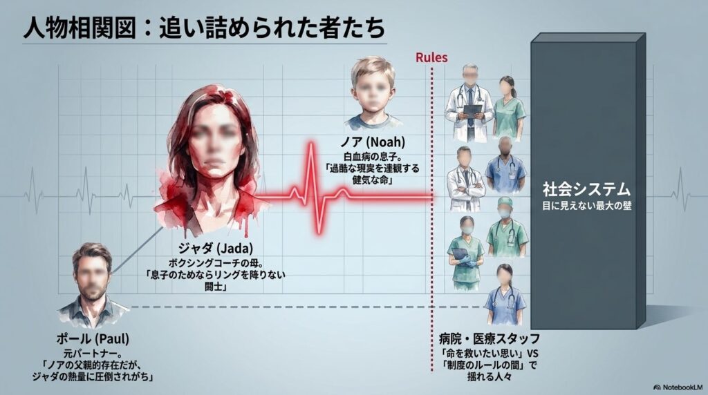 ジャダ、ノア、ポール、病院スタッフ、社会システムの5つの要素を繋いだ人物相関図