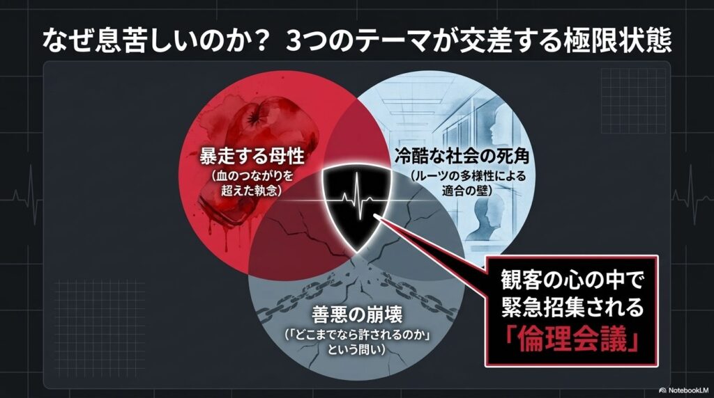 暴走する母性、冷酷な社会の死角、善悪の崩壊という3つのテーマが交差する図解スライド