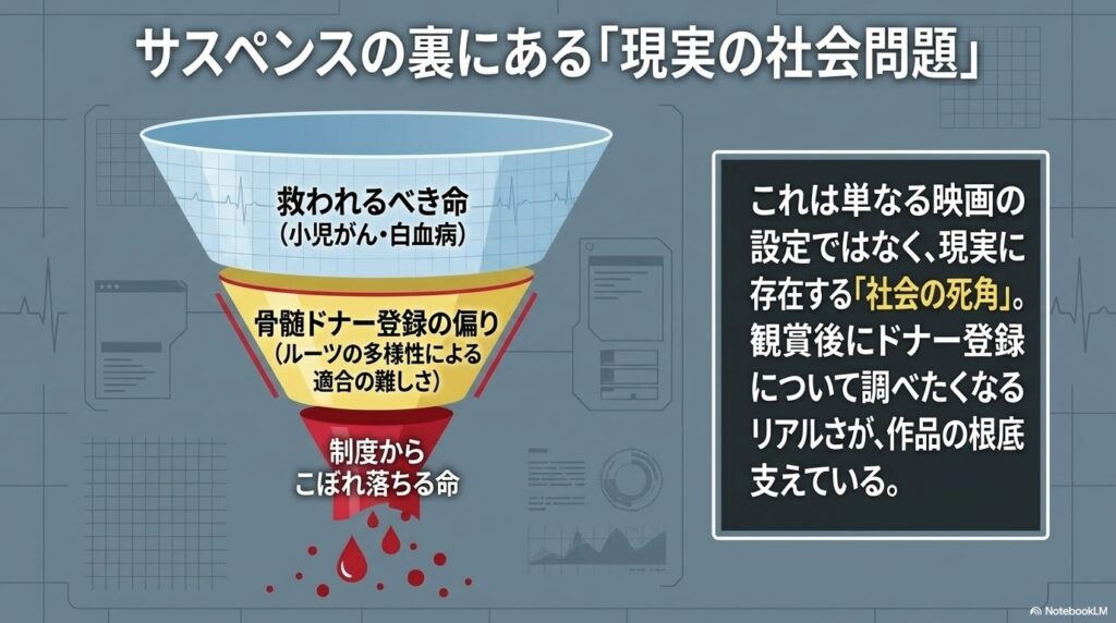 救われるべき命、骨髄ドナー登録の偏り、制度からこぼれ落ちる命の3要素を解説したスライド