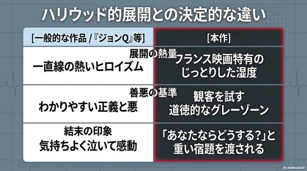 重厚なドラマから怒涛のサスペンスへの急加速を鑑賞時間に伴う緊張感の高まりとして示した折れ線グラフ