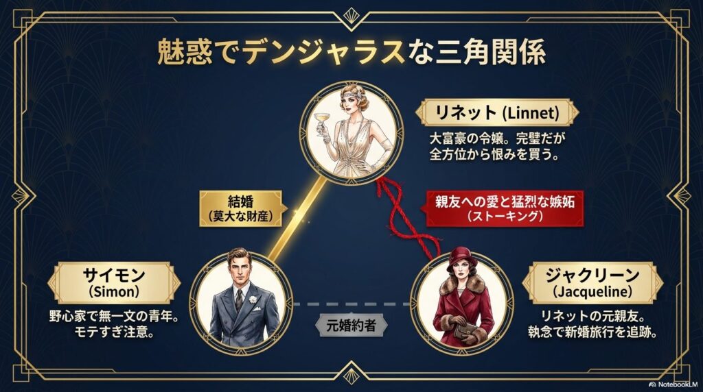 魅惑でデンジャラスな三角関係の図解。リネット、サイモン、ジャクリーンの3人の関係性(結婚、元婚約者、嫉妬など)が示されている。