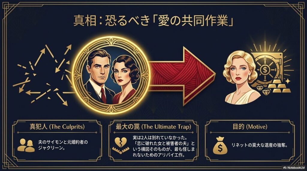 真相:恐るべき「愛の共同作業」。真犯人は夫のサイモンと元婚約者のジャクリーン。目的はリネットの莫大な遺産の強奪であり、別れていない2人が偽装のアリバイ工作をしていた。