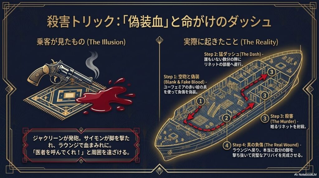 殺害トリック:「偽装血」と命がけのダッシュ。客船の図面を用いた殺害4ステップ(空砲と偽装、部屋への猛ダッシュ、殺害、真の負傷)の解説。
