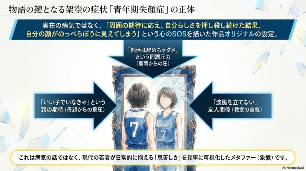 青年期失顔症の正体を解説した図解スライド。部活の同調圧力や親の期待、友人関係による息苦しさを象徴するメタファーであることが説明されている。