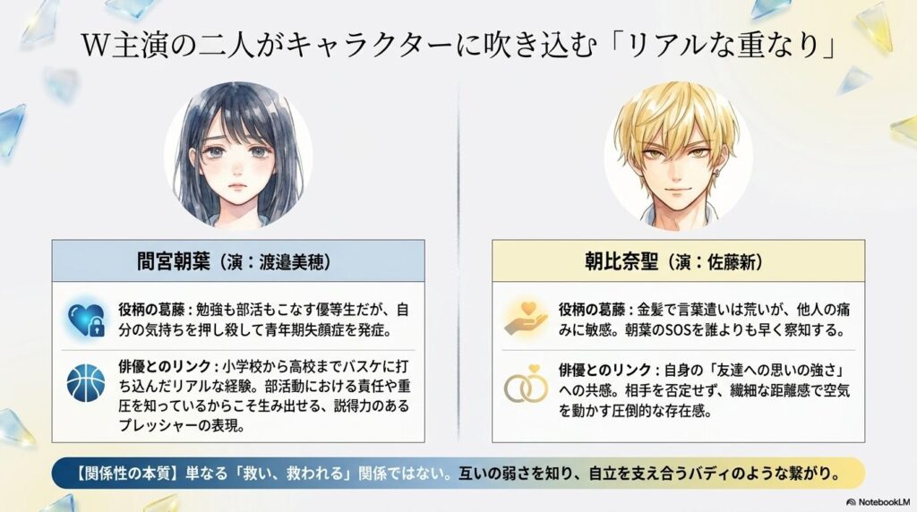 間宮朝葉役の渡邉美穂さんと朝比奈聖役の佐藤新さんの役柄と俳優本人のリンクを解説したスライド。単なる「救い、救われる」関係ではなく、自立を支え合う関係性が記載されている。