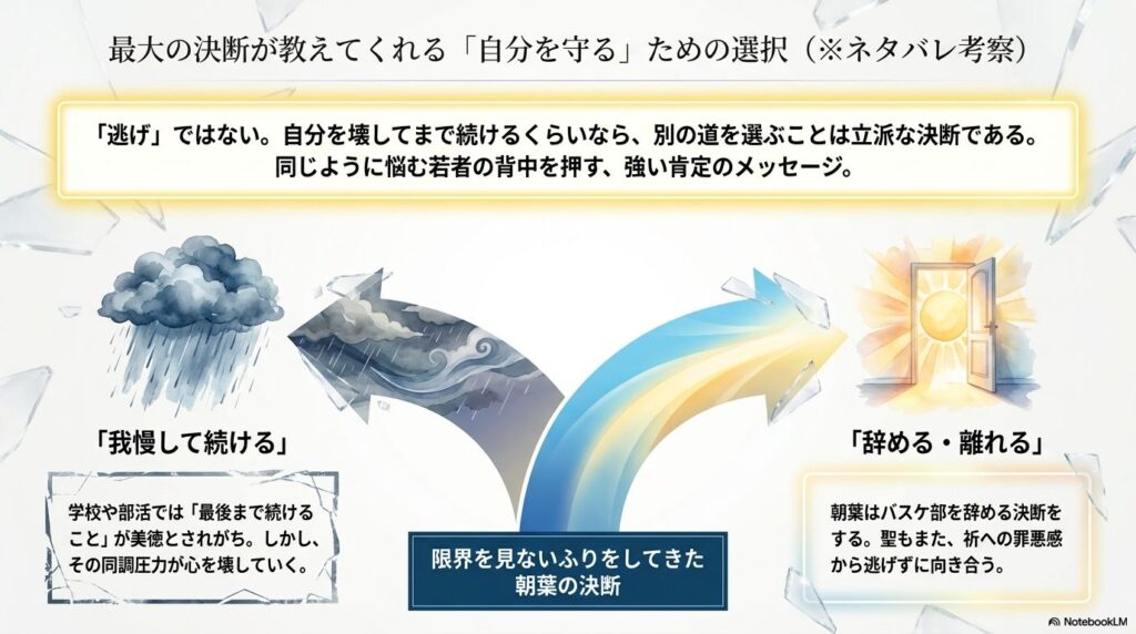 限界を見ないふりをしてきた朝葉が辞める決断をすることは逃げではない、という自己防衛のための選択を肯定する考察スライド。