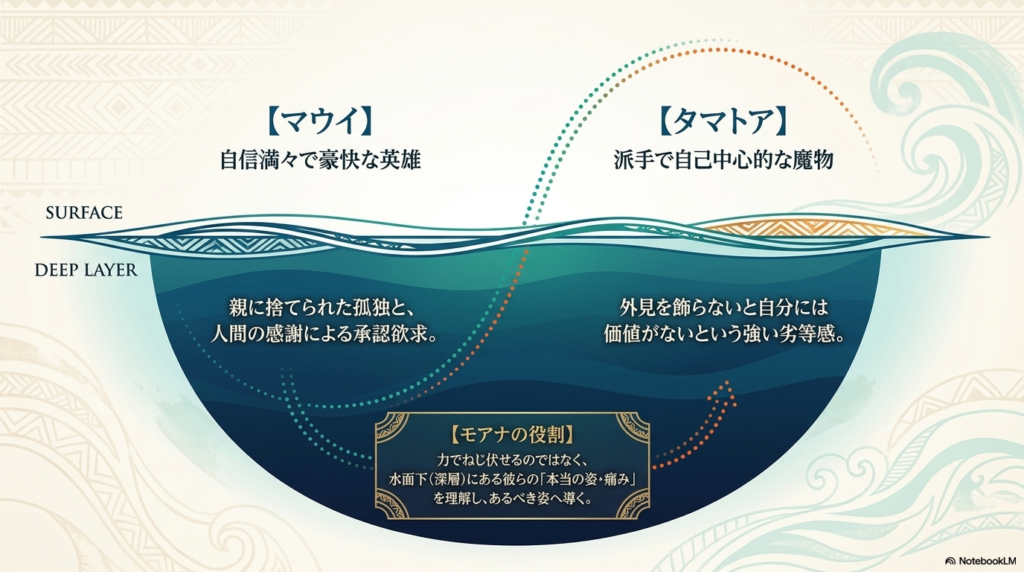 マウイとタマトアの表面的な性格と深層心理の対比図。マウイの孤独と承認欲求、タマトアの劣等感を解説し、モアナが彼らの深層にある痛みを理解してあるべき姿へ導く役割を持つことを図解している。  