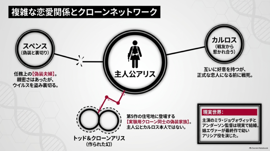 スペンスとの偽装夫婦、カルロスとの関係、トッドとクローンアリスの偽装家族、および主演俳優と監督の現実での結婚についてまとめた相関図  