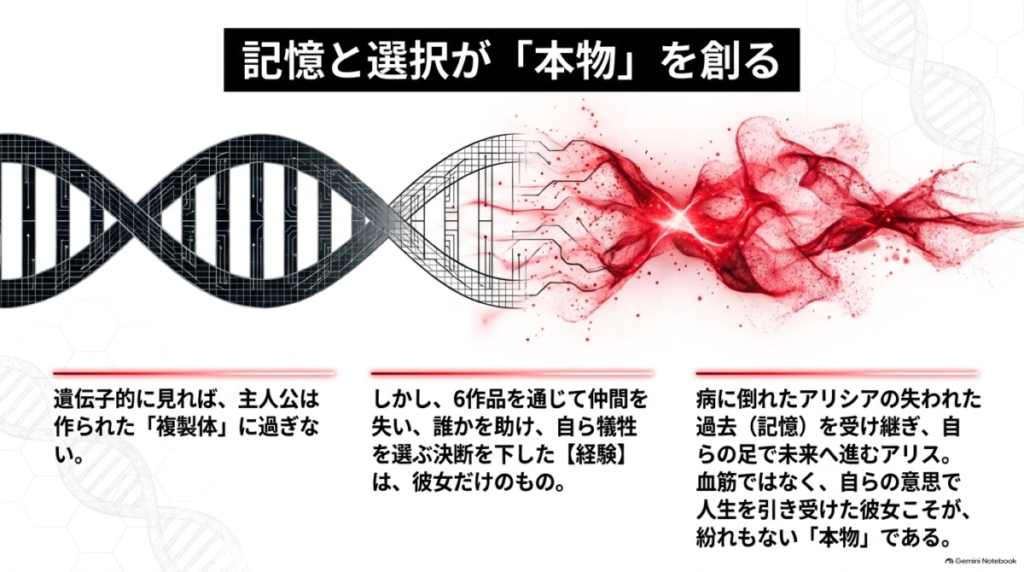 遺伝子的には複製体でも、6作品を通じた経験や選択、アリシアの記憶を受け継いだことで自らの意思を持つ本物のアリスになったと解説するスライド