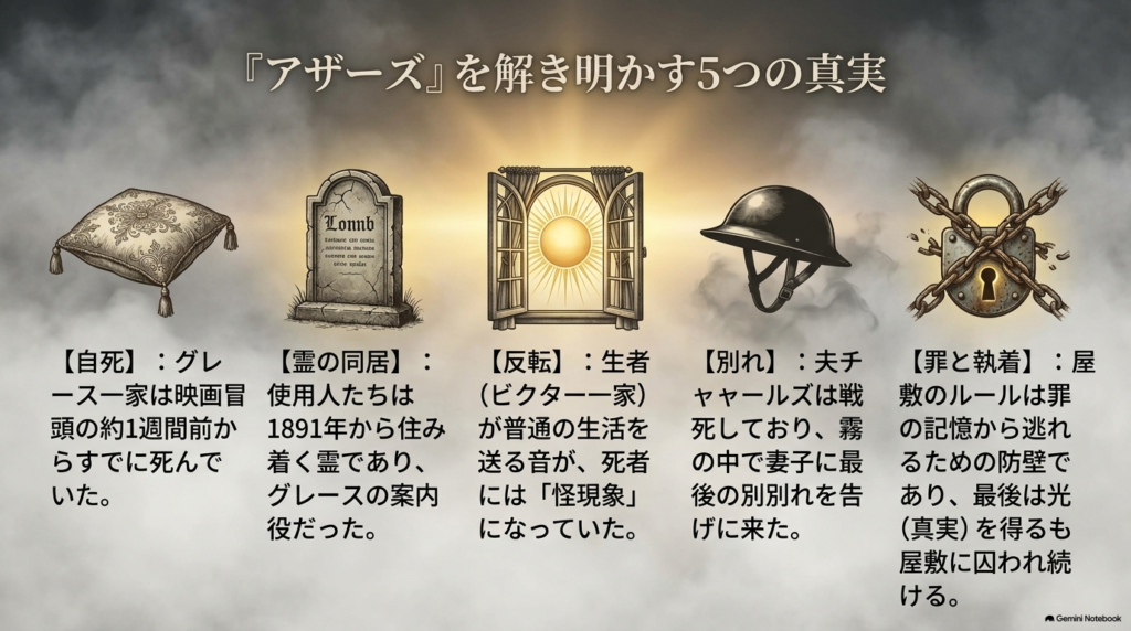 自死、霊の同居、反転、別れ、罪と執着という、映画アザーズの結末を読み解く5つの重要な真実のまとめ  