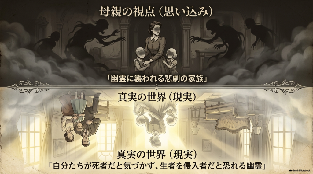 母親の視点である「幽霊に襲われる悲劇の家族」と、現実である「自分たちが死者だと気づかず生者を恐れる幽霊」という視点の反転を表したイラスト