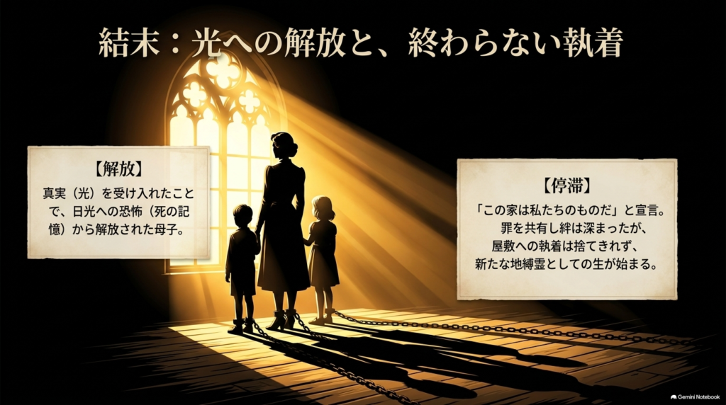 光を受け入れ恐怖から解放された一方、屋敷への執着を捨てきれず新たな地縛霊としての生が始まる結末の解説  