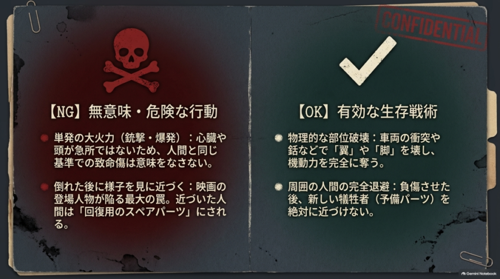 クリーパーに対する無意味・危険なNG行動(単発の大火力、倒れた後に近づく)と、有効なOK行動(物理的な部位破壊、周囲の人間の完全退避)の比較。