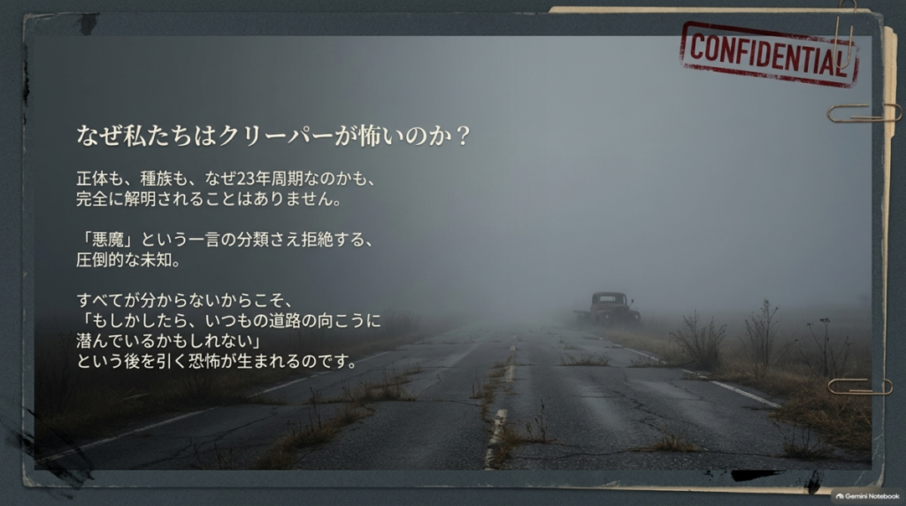 なぜクリーパーが怖いのかについての考察。正体や種族、23年周期の理由などが完全に解明されない圧倒的な未知だからこそ、後を引く恐怖が生まれるという解説。
