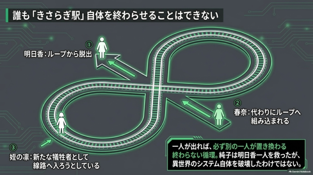 きさらぎ駅の終わらない循環の図解。明日香がループから脱出し、代わりに春奈が組み込まれ、さらに姪の凛が線路へ入ろうとしている様子  