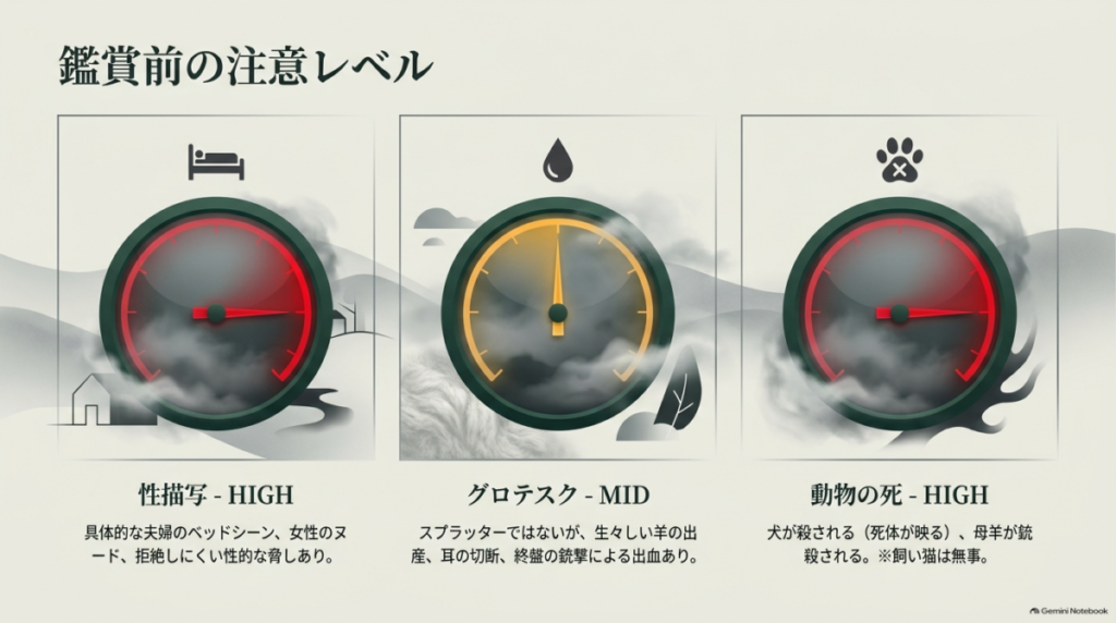 鑑賞前の注意レベル。性描写はHIGH、グロテスクはMID、動物の死はHIGHと表記されているメーターの図解。