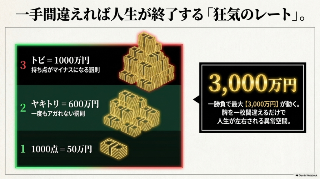 1000点50万円、トビ1000万円など、一勝負で最大3000万円が動く狂気のレート図解