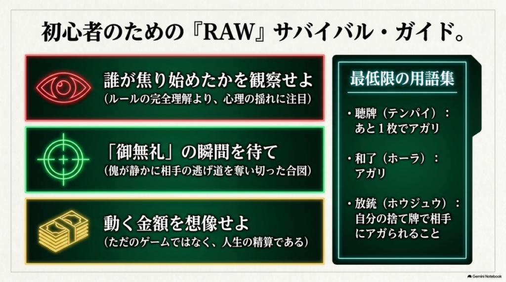 誰が焦り始めたかに注目する鑑賞ポイントと、聴牌・和了・放銃の最低限の用語集