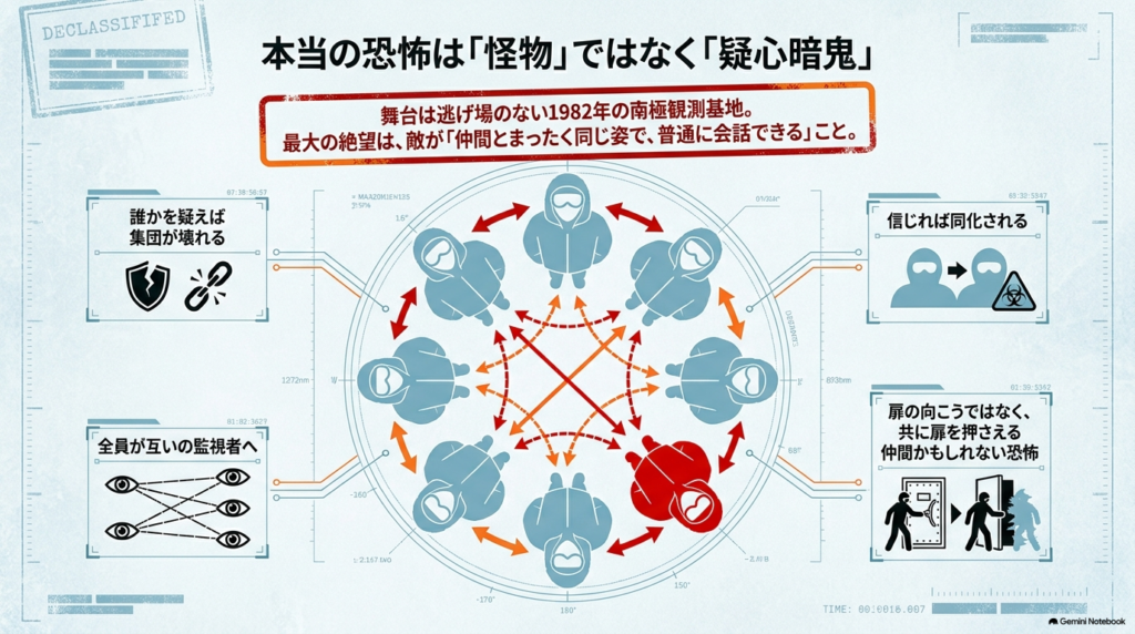 かを疑えば集団が壊れ、全員が互いの監視者へと変わり、扉を共に押さえる仲間かもしれない恐怖を図解  