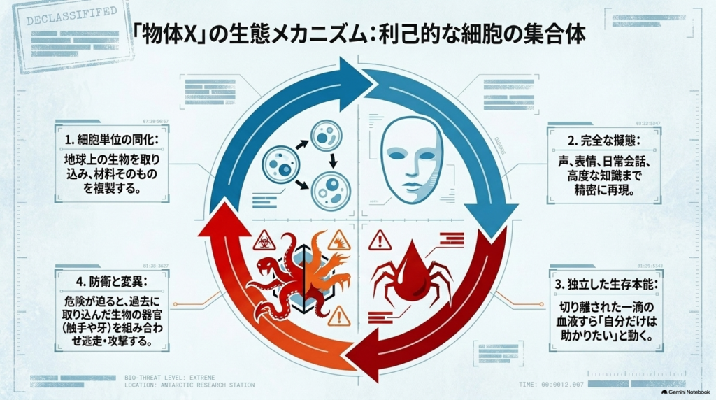 細胞単位の同化、完全な擬態、独立した生存本能、防衛と変異という物体Xの4つの生態メカニズム  