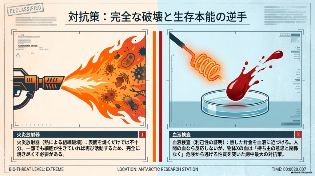  火炎放射器による組織破壊と、熱した針金と血液を用いた血液検査の仕組み  