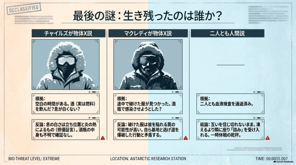 チャイルズが物体X説、マクレディが物体X説、二人とも人間説という3つの考察の根拠と反論まとめ  