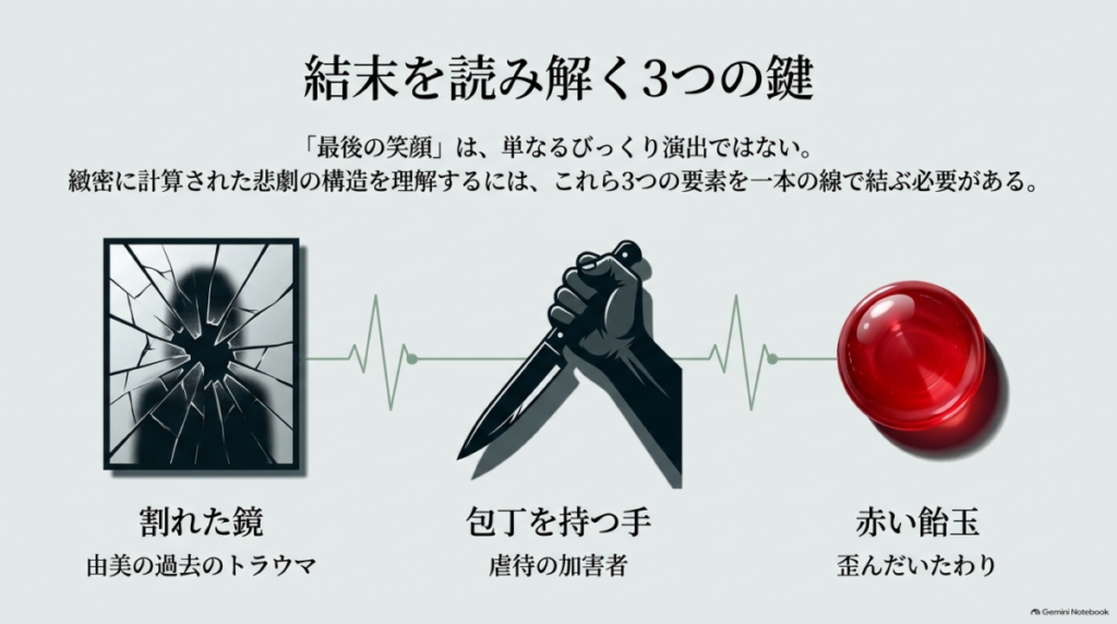 結末を読み解く3つの鍵として「割れた鏡（由美の過去のトラウマ）」「包丁を持つ手（虐待の加害者）」「赤い飴玉（歪んだいたわり）」が示されたスライド。  