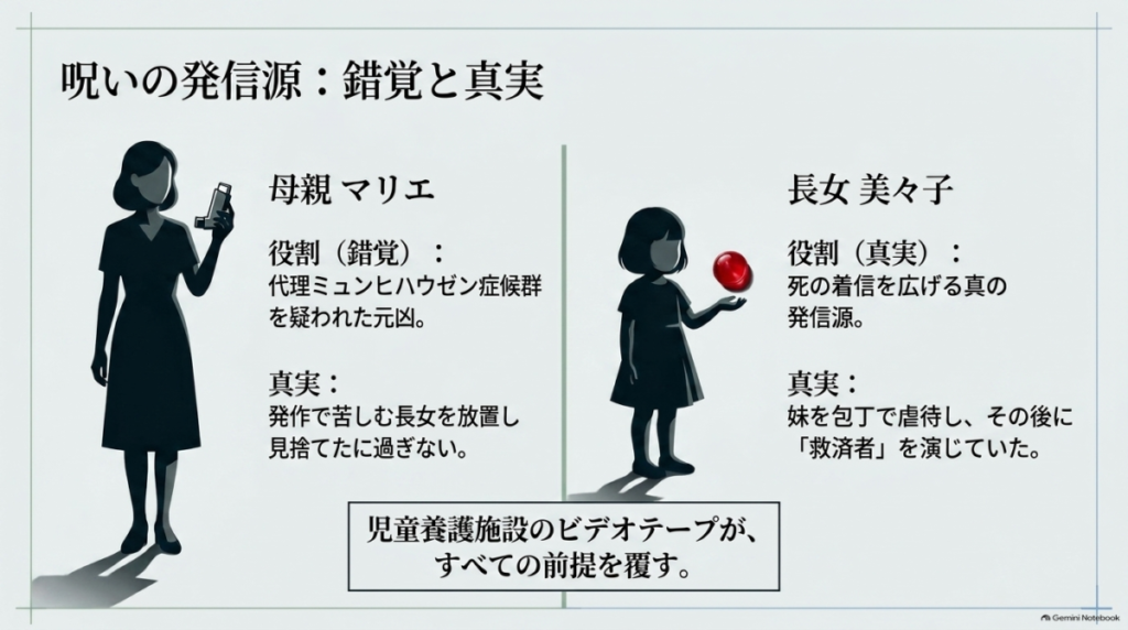 呪いの発信源について、母親マリエが錯覚であり、長女美々子が真実であることを解説したスライド。  