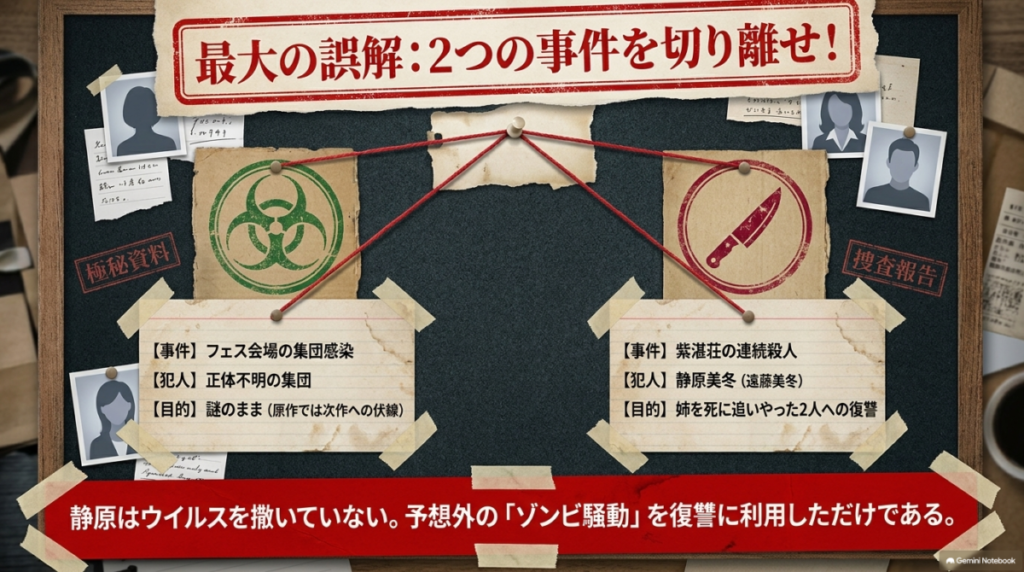 フェス会場の集団感染（犯人は正体不明の集団）と、紫湛荘の連続殺人（犯人は静原美冬）の目的と犯人の違いを比較した図解  